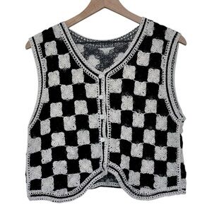 Granny Square Crocheted Knit Checkered Sweater Vest Large Boho Urban Vintage